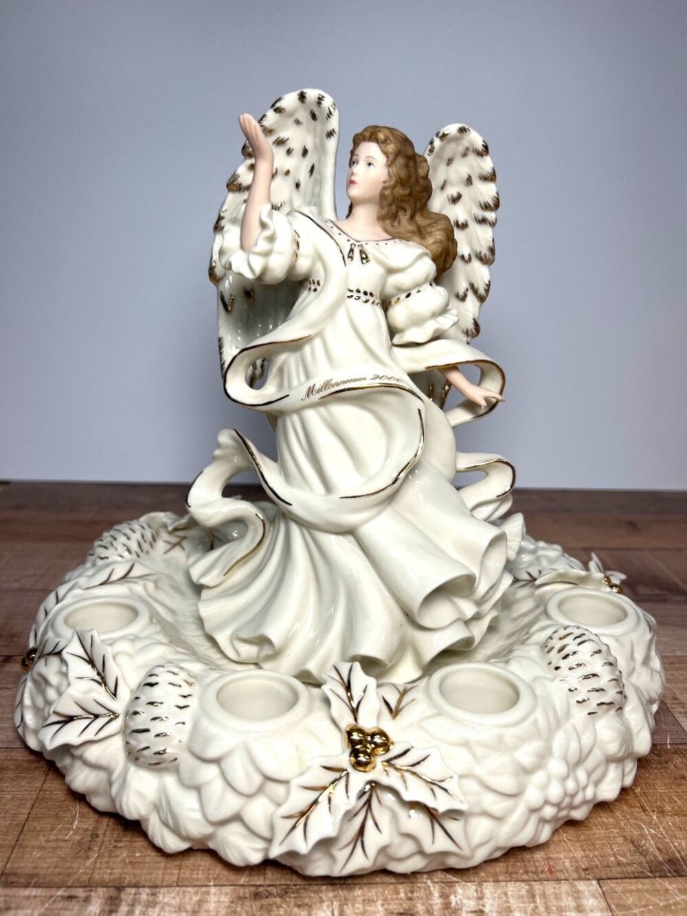 Danbury Millennium 2000 Angel Porcelain Candleholder Figurine Gold Accents Holid